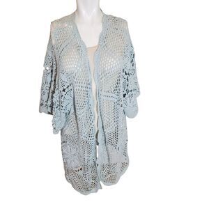 Roamans Boho Crochet Cardigan Sweater Open Knit Sweater Aqua Blue Sz L